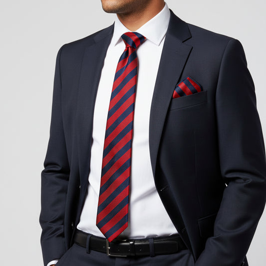 Navy and Red Striped Classic Mens Tie and Pocket Square Set