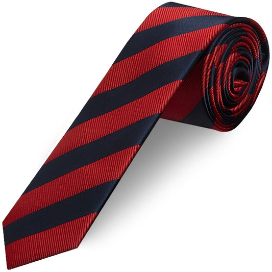 Navy and Red Striped Skinny Mens Tie and Pocket Square Set