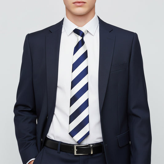 Navy Blue and White Striped Hand Made Classic Mens Football Tie