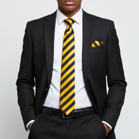 Navy and Yellow Striped Classic Mens Tie and Pocket Square Set