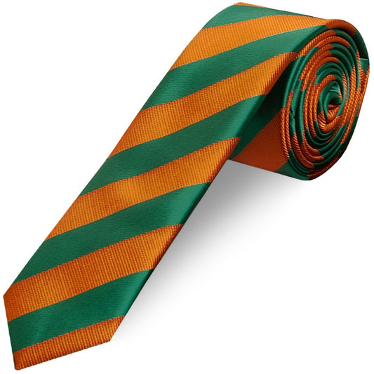 Orange and Green Striped Skinny Mens Tie and Pocket Square Set