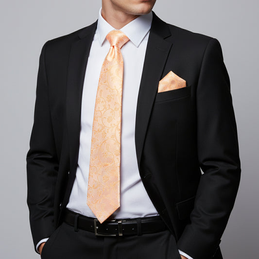 Peach Floral Classic Mens Tie and Pocket Square Set