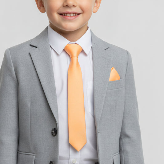 Pre Tied Peach Satin Boys Tie and Pocket Square Set Age 4-7