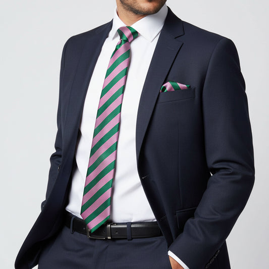 Pink and Green Striped Classic Mens Tie and Pocket Square Set