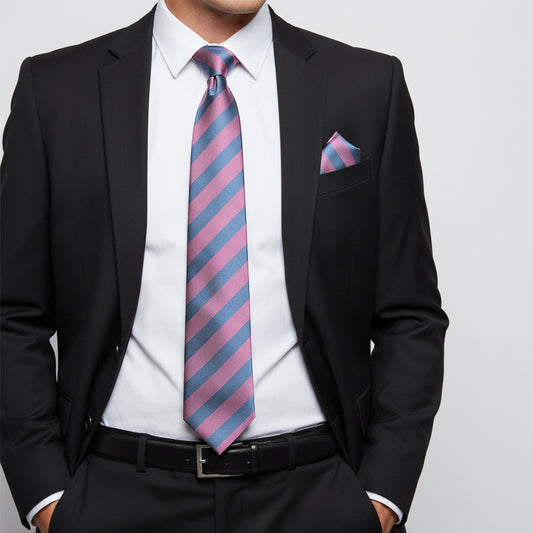 Pink and Light Blue Striped Classic Mens Tie and Pocket Square Set