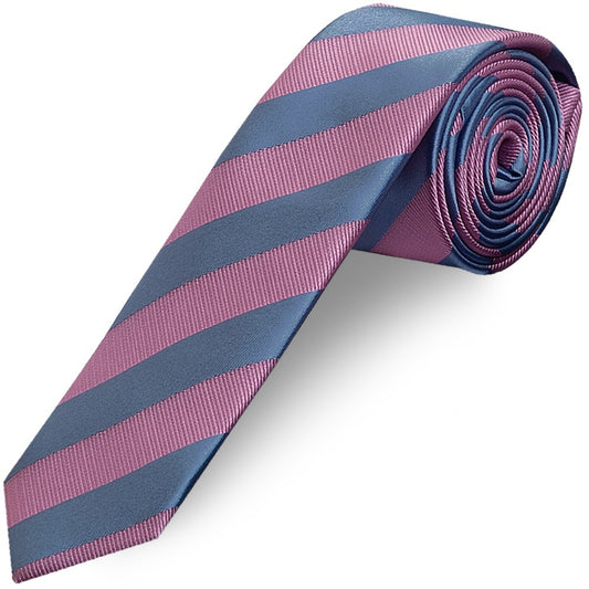 Pink and Light Blue Striped Skinny Mens Tie and Pocket Square Set