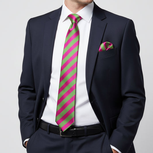Pink and Lime Striped Classic Mens Tie and Pocket Square Set