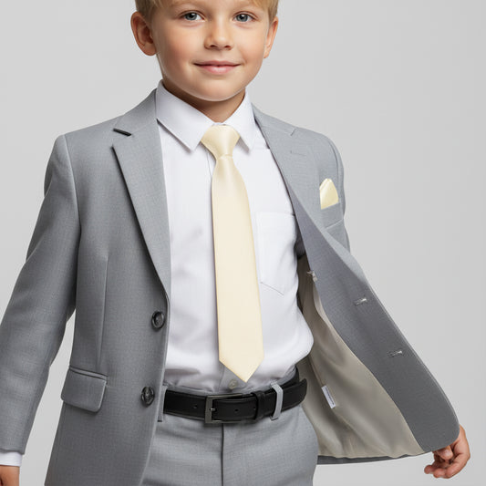 Pre Tied Ivory Silk Boys Tie and Pocket Square Set Age 4-7