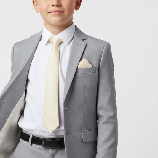 Plain Ivory Silk Skinny Boys Tie and Pocket Square Set