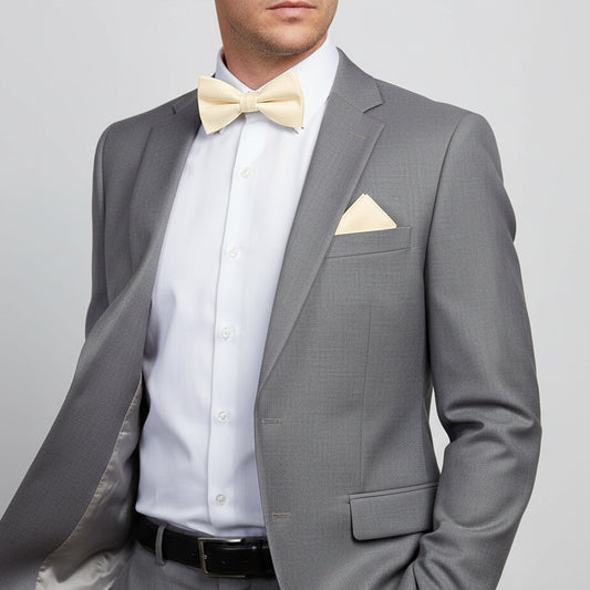 Plain Ivory Silk Mens Bow Tie and Pocket Square Set