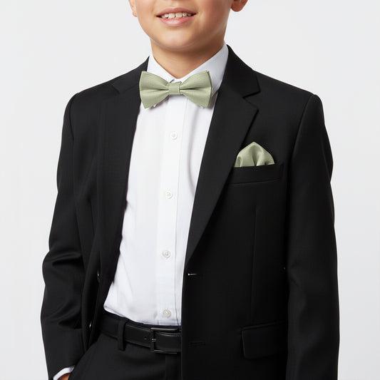 Pre Tied Khaki Green Silk Boys Bow Tie and Pocket Square Set Age 8-11