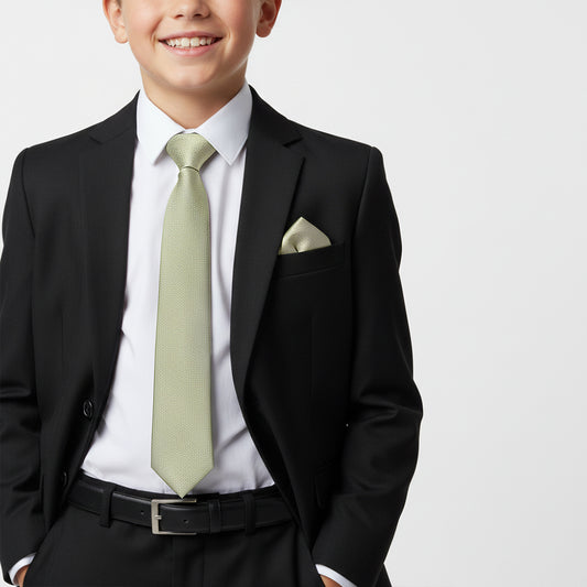 Plain Khaki Green Silk Skinny Boys Tie and Pocket Square Set