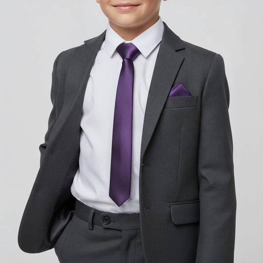 Purple Satin Skinny Boys Tie and Pocket Square Set