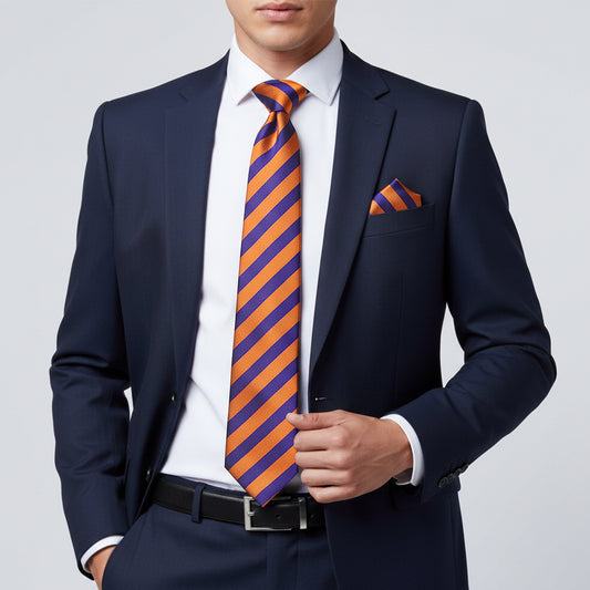 Purple and Orange Striped Classic Mens Tie and Pocket Square Set
