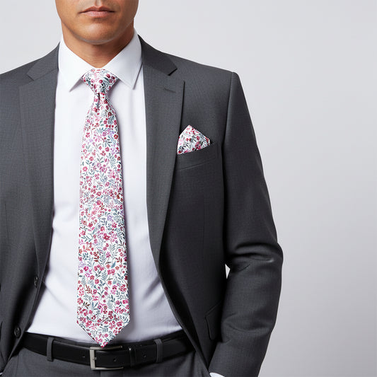 Mens Classic Red Floral Tie and Pocket Square Set