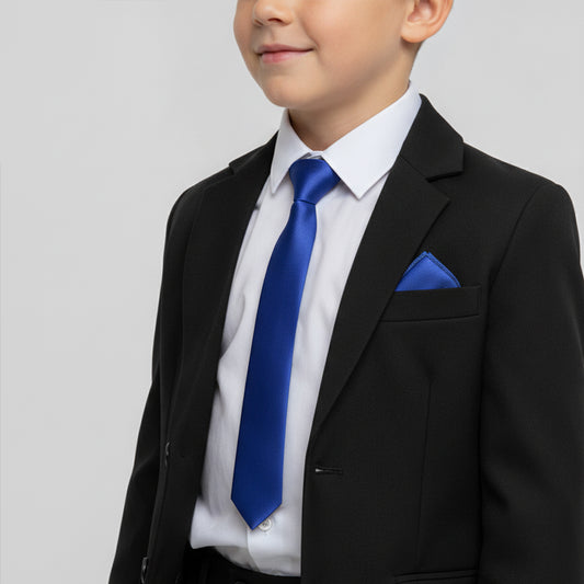 Pre Tied Royal Blue Satin Boys Tie and Pocket Square Age 4-7
