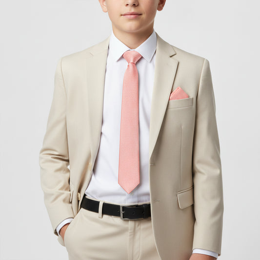 Plain Salmon Peach Silk Skinny Boys Tie and Pocket Square Set