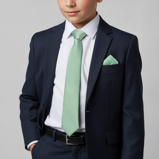 Plain Seagrass Silk Skinny Boys Tie and Pocket Square Set