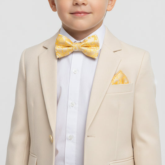 Pre Tied Bright Yellow Floral Boys Bow Tie and Pocket Square Set Age 4-7