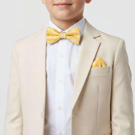 Pre Tied Bright Yellow Floral Boys Bow Tie and Pocket Square Set