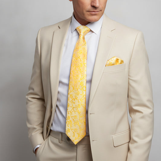 Bright Yellow Floral Classic Men's Tie and Pocket Square Set