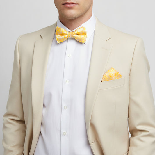 Bright Yellow Floral Handmade Mens Bow Tie and Pocket Square Set