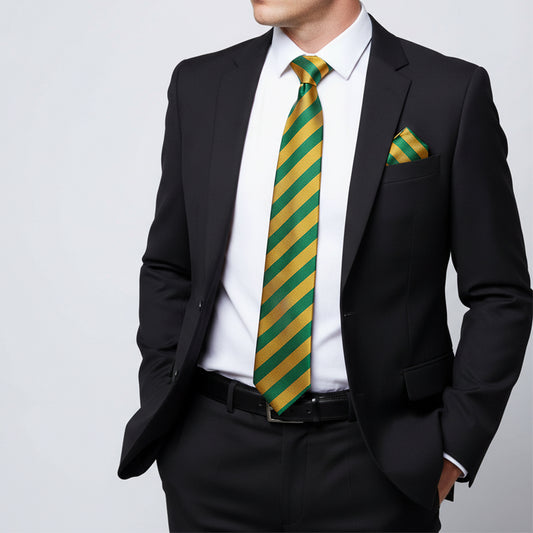 Green and Gold Striped Classic Mens Tie and Pocket Square Set
