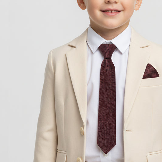 Pre Tied Burgundy Textured Boys Tie and Pocket Square Set Age 4-7