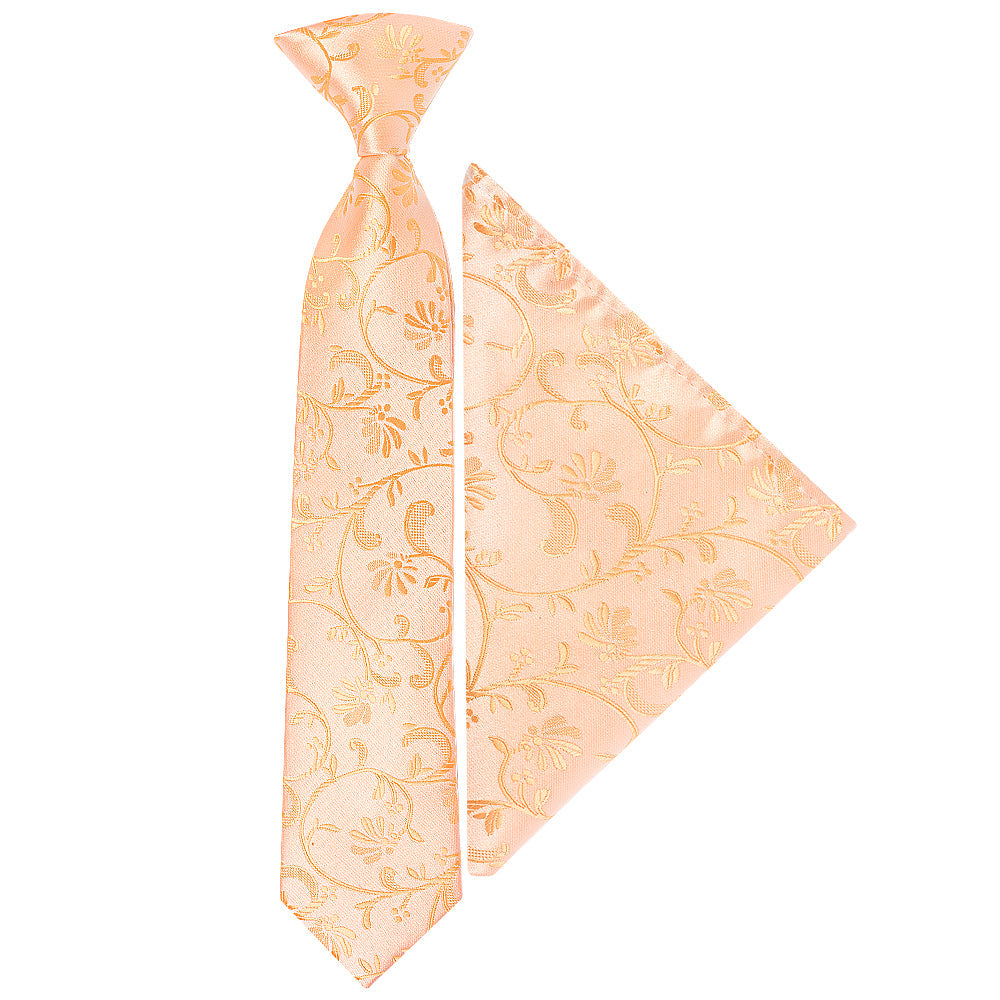 Pre Tied Peach Floral Boys Tie and Pocket Square Set Age 4-7