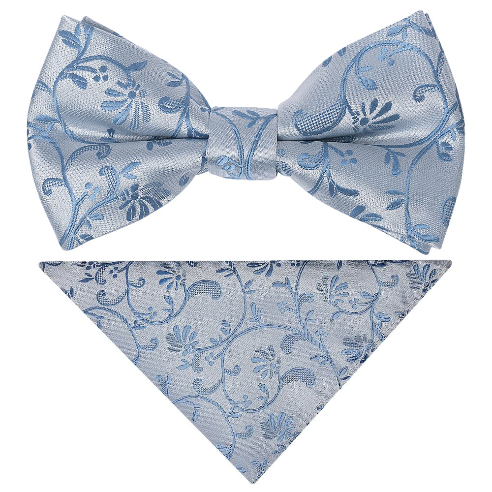 Pre Tied Dusty Blue Floral Boys Bow Tie and Pocket Square Set Age 4-7