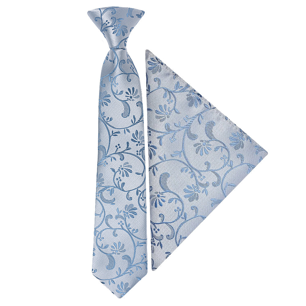 Pre Tied Dusty Blue Floral Boys Tie and Pocket Square Set Age 4-7