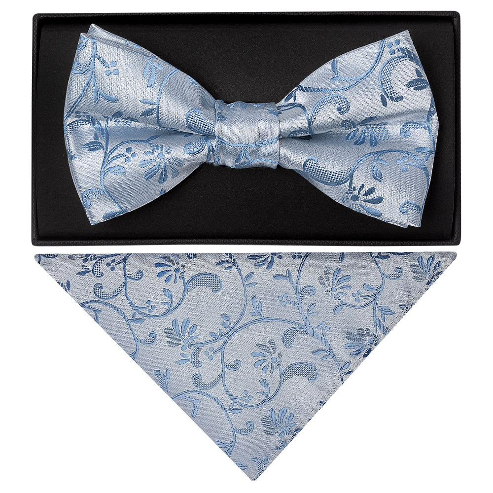 Dusty Blue Floral Handmade Mens Bow Tie and Pocket Square Set