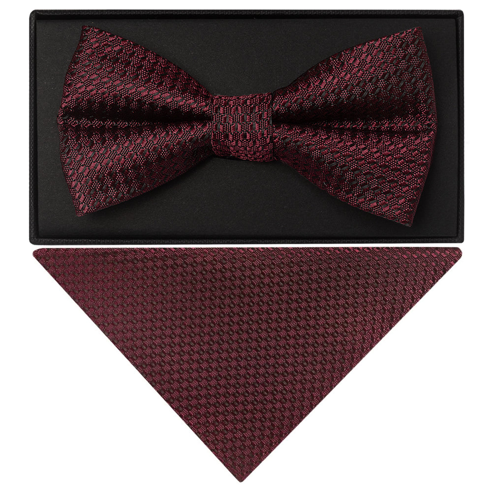 Burgundy Textured Mens Bow Tie and Pocket Square Set