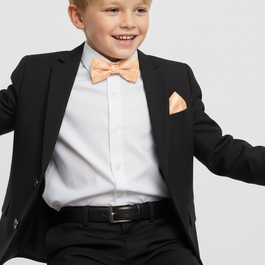 Pre Tied Peach Floral Boys Bow Tie and Pocket Square Set Age 4-7