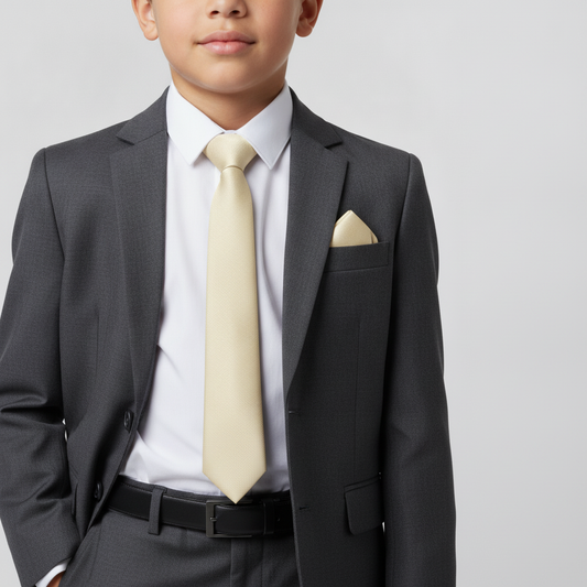 Plain Champagne Textured Silk Skinny Boys Tie and Pocket Square Set