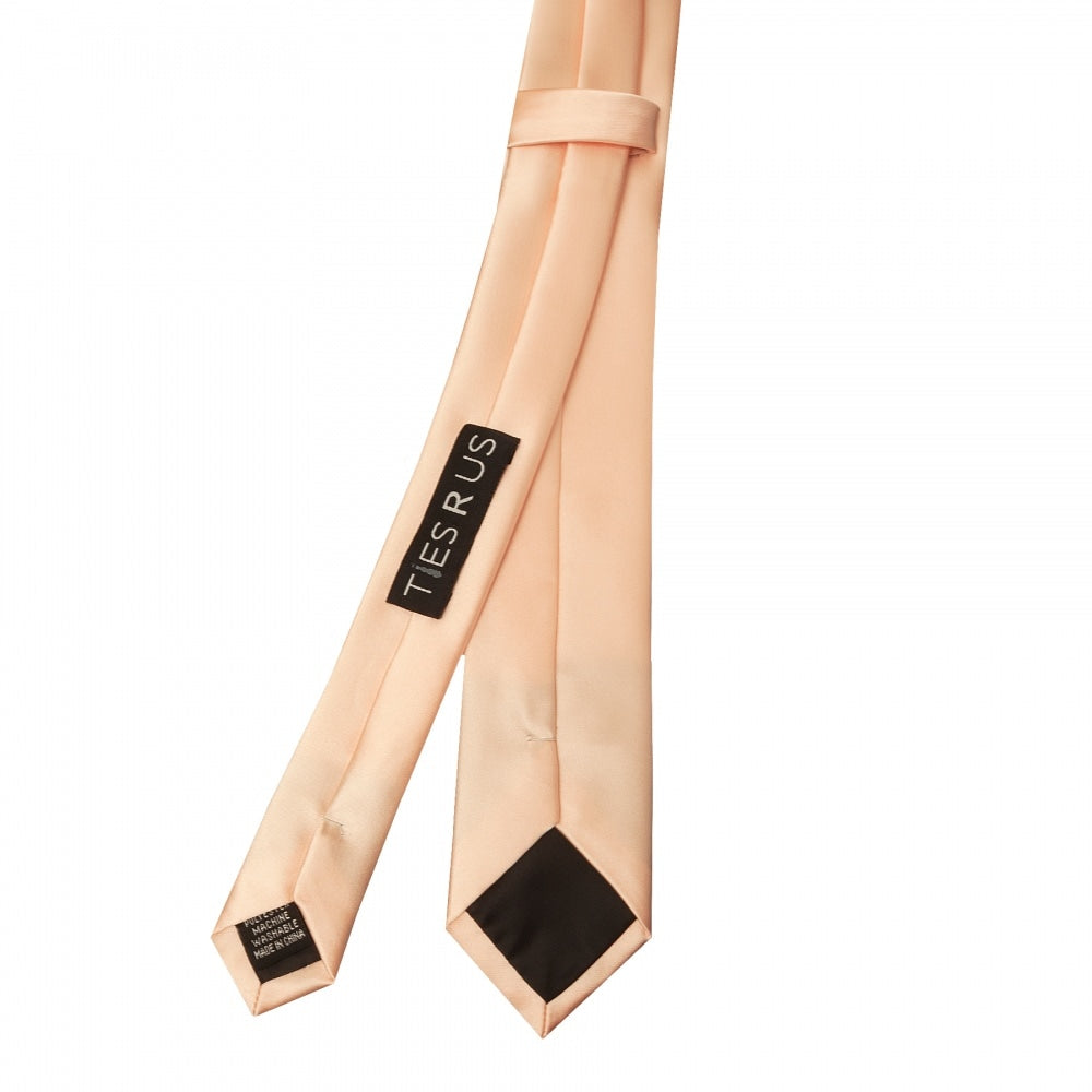 Plain Light Peach Satin Skinny Mens Tie And Pocket Square Set 4