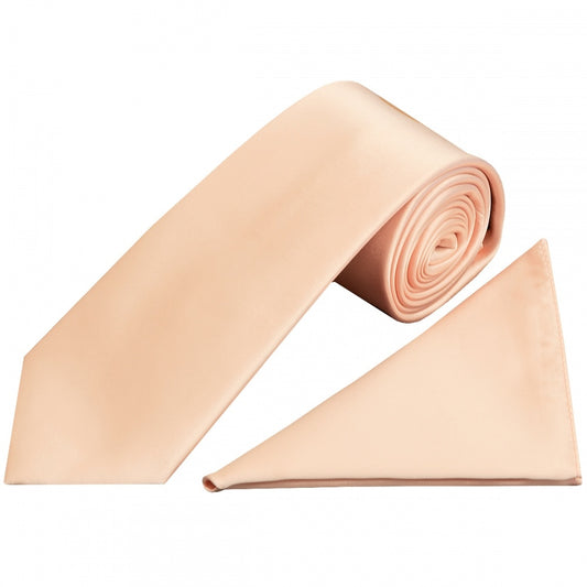 Plain Light Peach Satin Classic Mens Tie and Pocket Square Set