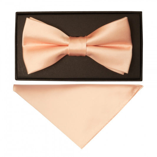 Plain Light Peach Handmade Mens Bow And Pocket Square Set 1