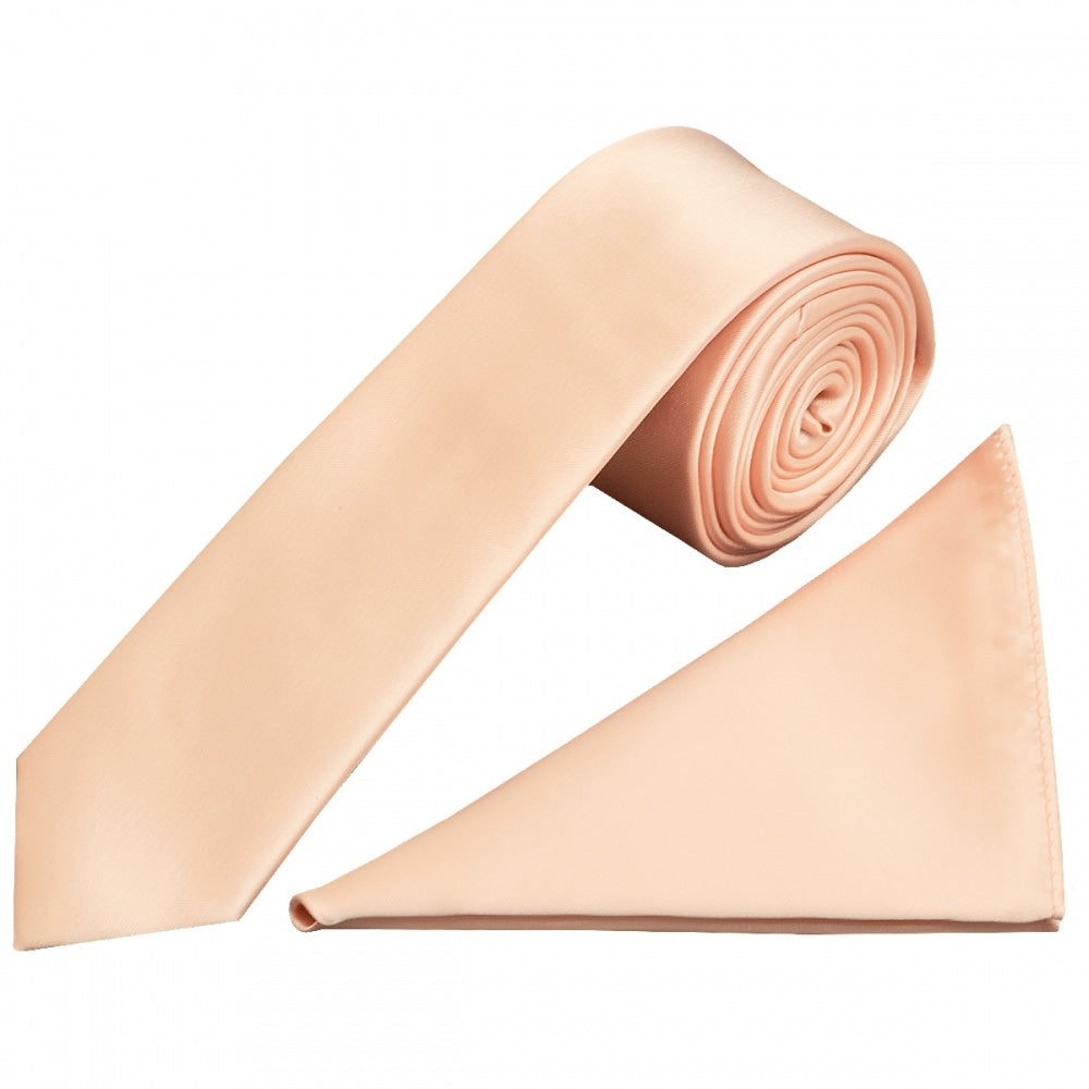 Plain Light Peach Satin Boys Tie and Pocket Square Set
