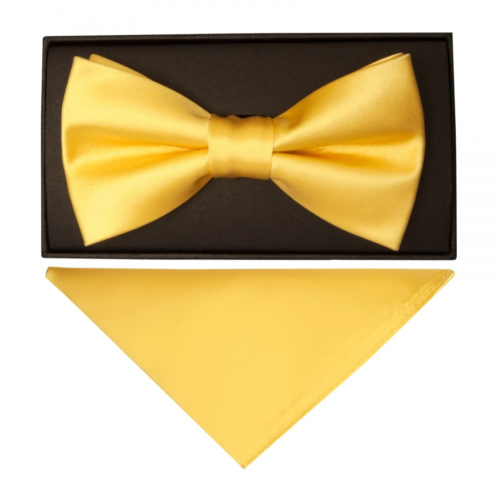Plain Yellow Gold Handmade Mens Bow Tie And Pocket Square Set 1