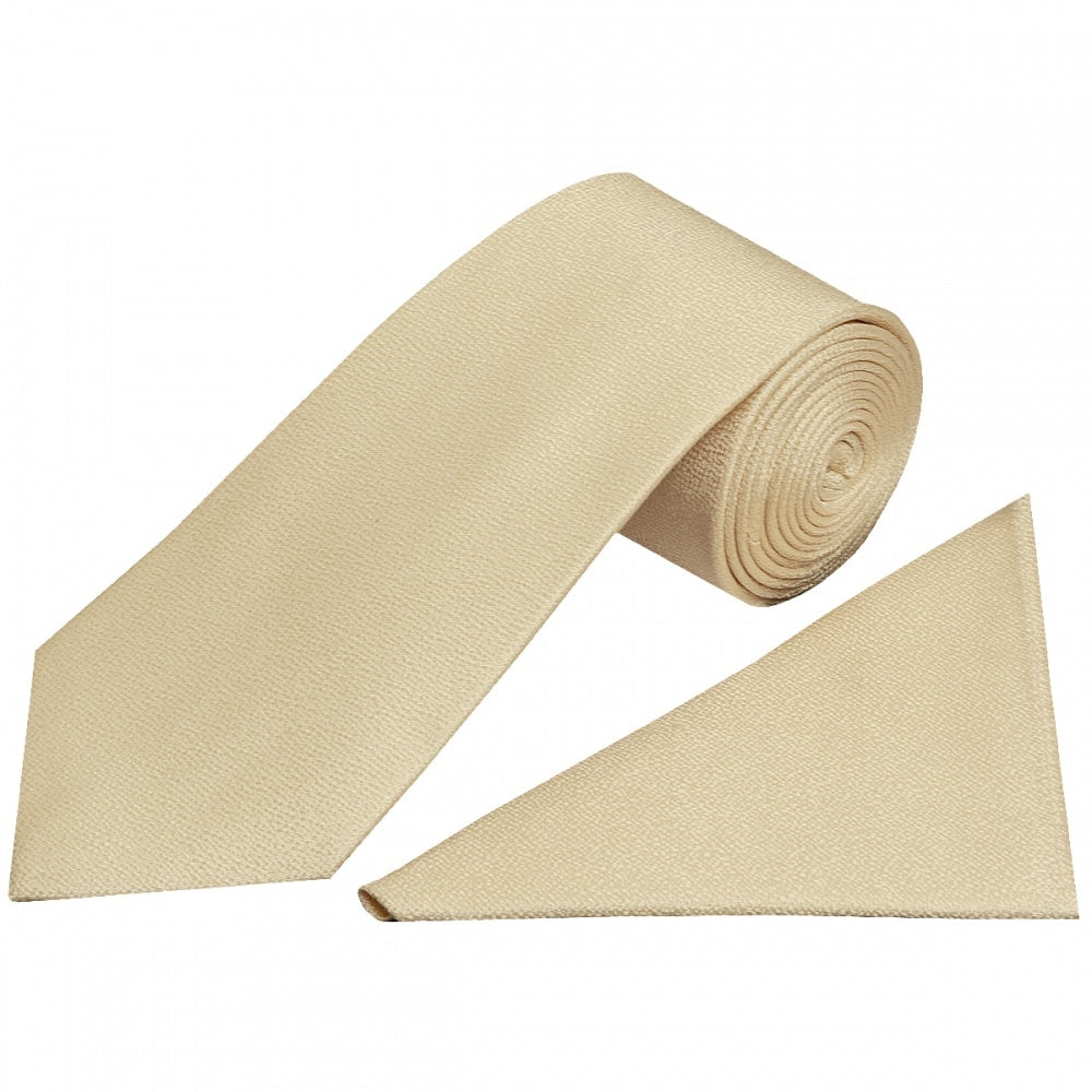 Plain Champagne Textured Silk Classic Mens Tie And Pocket Square Set 1