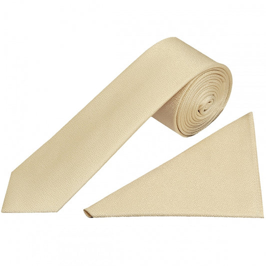 Plain Champagne Textured Silk Skinny Mens Tie And Pocket Square Set 1