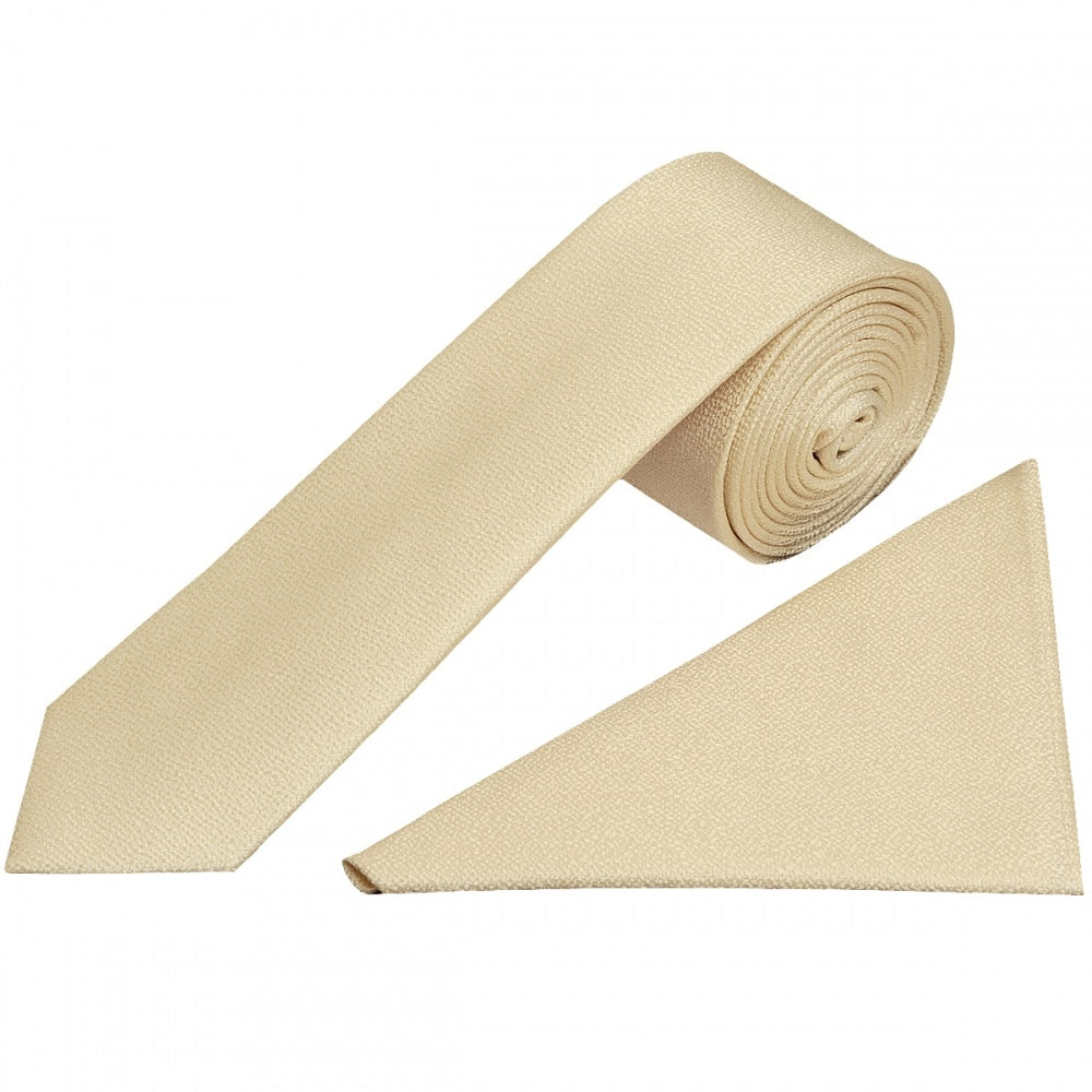 Plain Champagne Textured Silk Skinny Boys Tie And Pocket Square Set 1