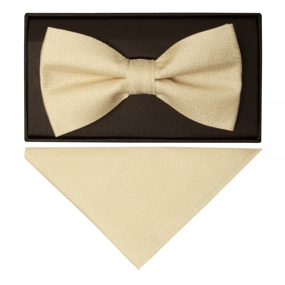 Plain Champagne Textured Silk Mens Bow Tie And Pocket Square Set 1