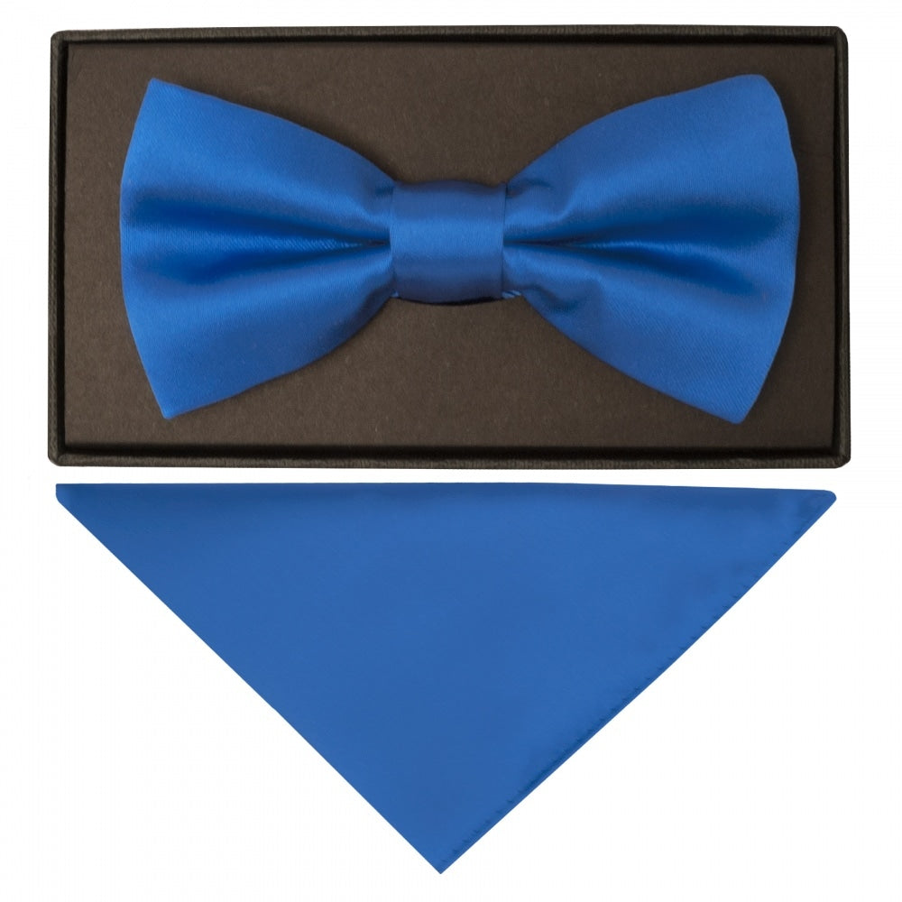 Plain Electric Blue Hand Made Mens Bow Tie And Pocket Square Set 1