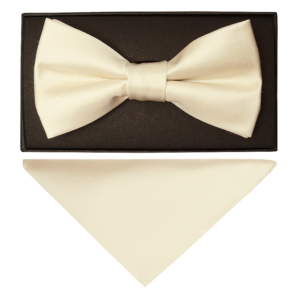 Plain Ivory Hand Made Mens Bow Tie And Pocket Square Set 1