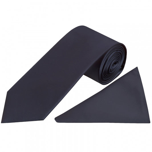 Plain Navy Blue Satin Classic Mens Tie and Pocket Square Set