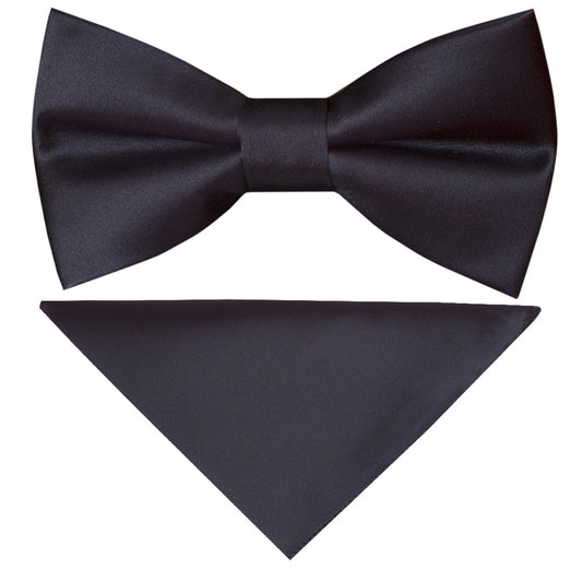 Pre Tied Navy Satin Boys Bow Tie and Pocket Square Set