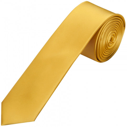 Plain Gold Satin Silk Skinny Mens Tie 1