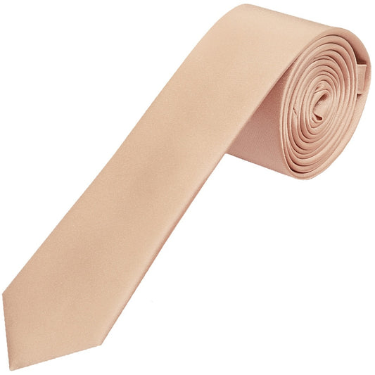 Plain Light Peach Satin Silk Skinny Mens Tie 1
